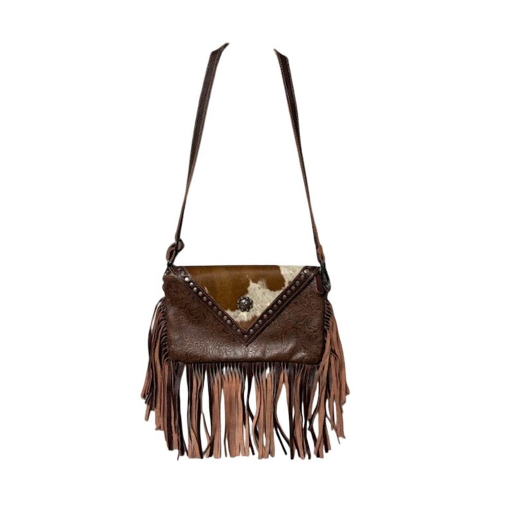 Myra Bag Brown Fringe Leather Crossbody with Cowhide Accent